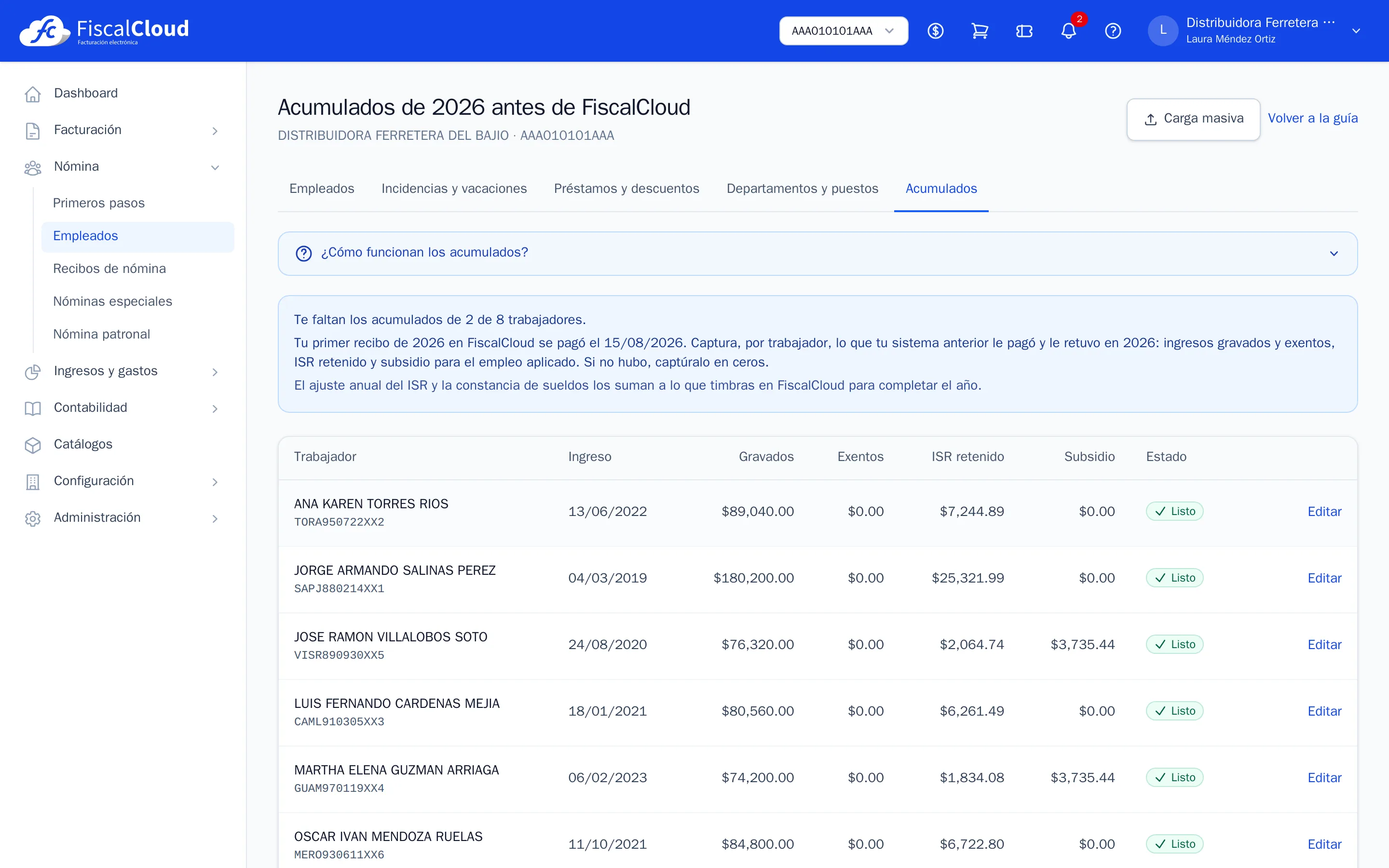 Acumulados del año por trabajador