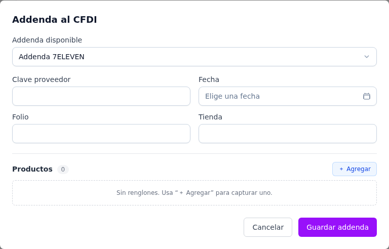 Formulario de la addenda 7ELEVEN