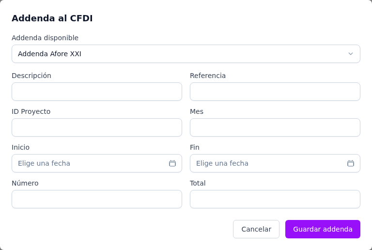 Formulario de la addenda Afore XXI