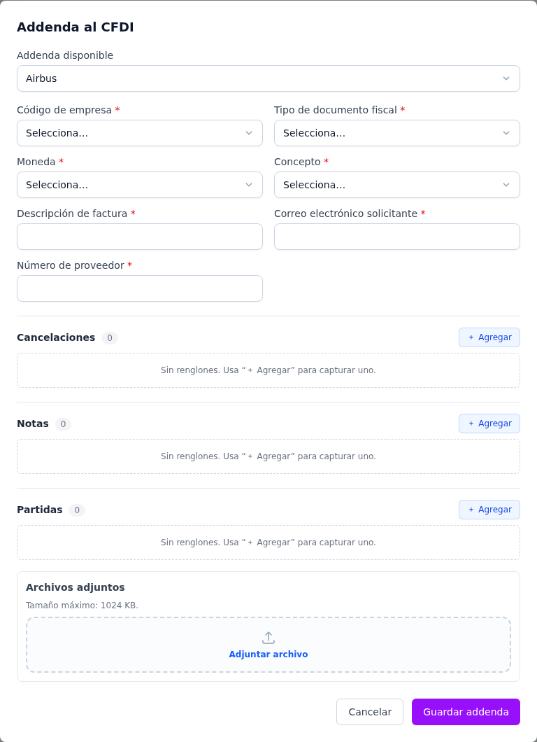 Formulario de la addenda Airbus