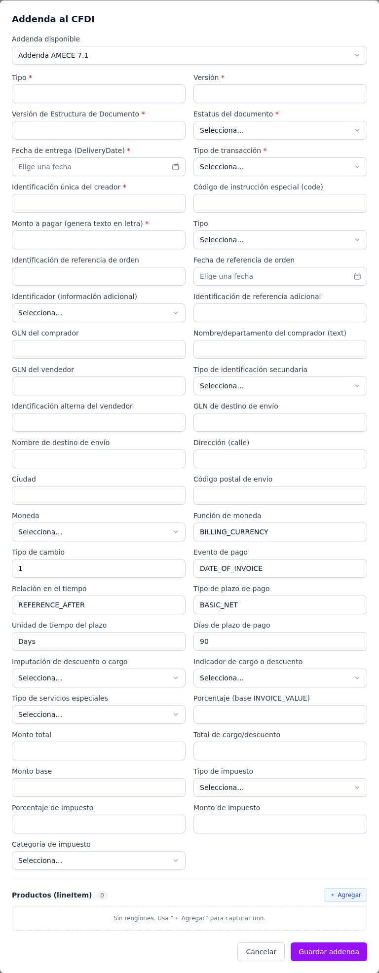Formulario de la addenda AMECE 7.1