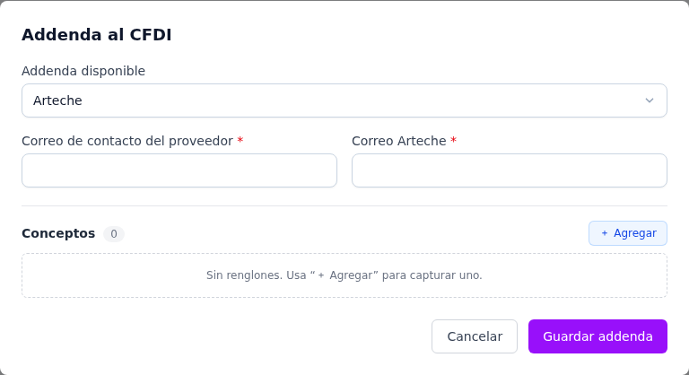 Formulario de la addenda Arteche