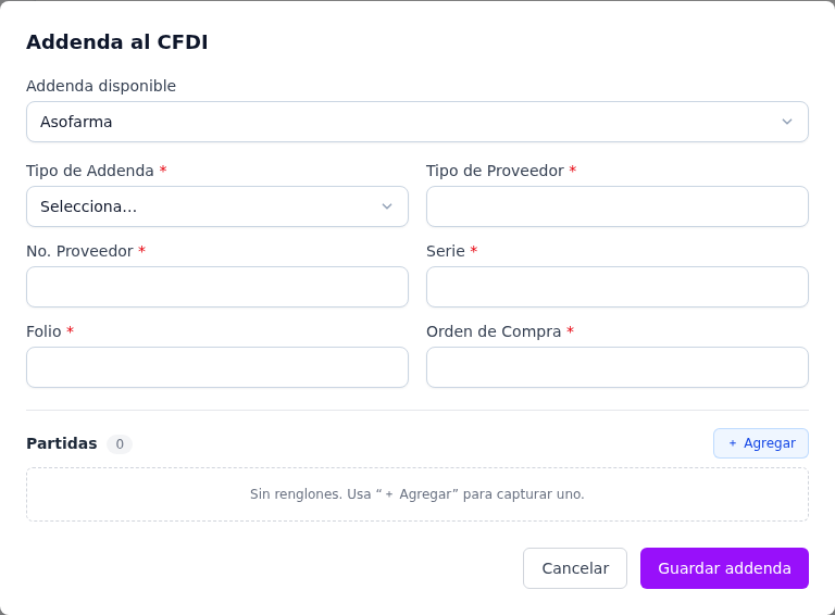 Formulario de la addenda Asofarma