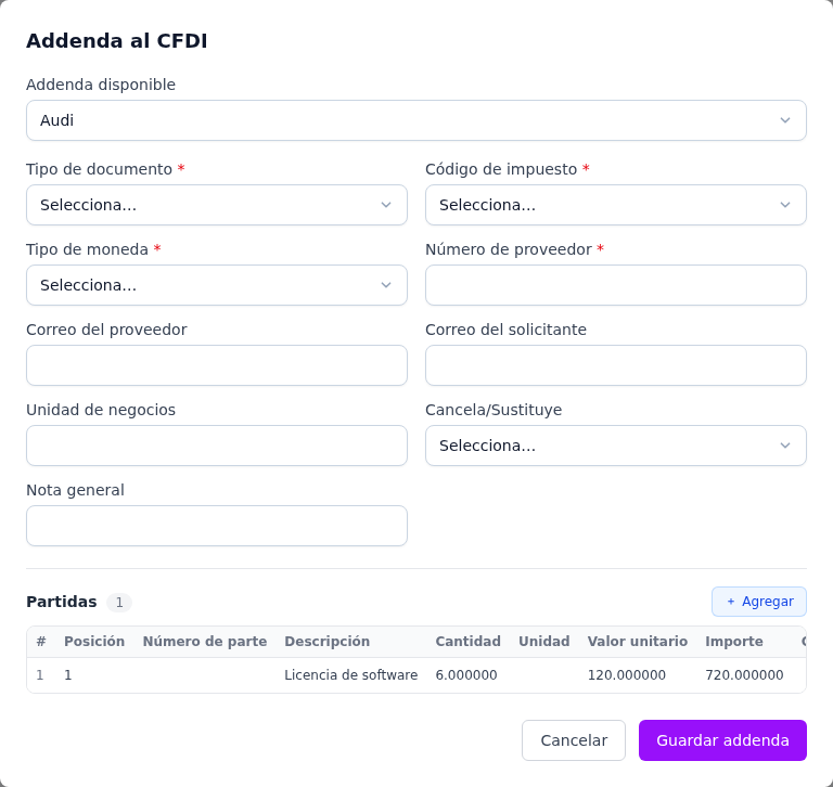 Formulario de la addenda Audi