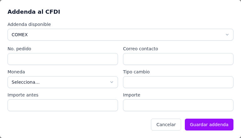 Formulario de la addenda COMEX
