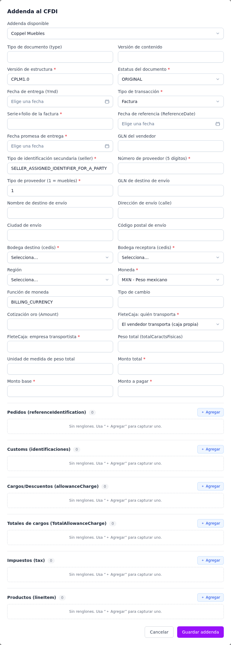 Formulario de la addenda Coppel Muebles