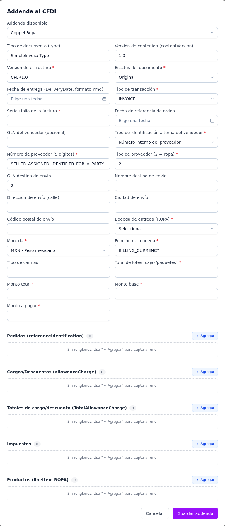 Formulario de la addenda Coppel Ropa