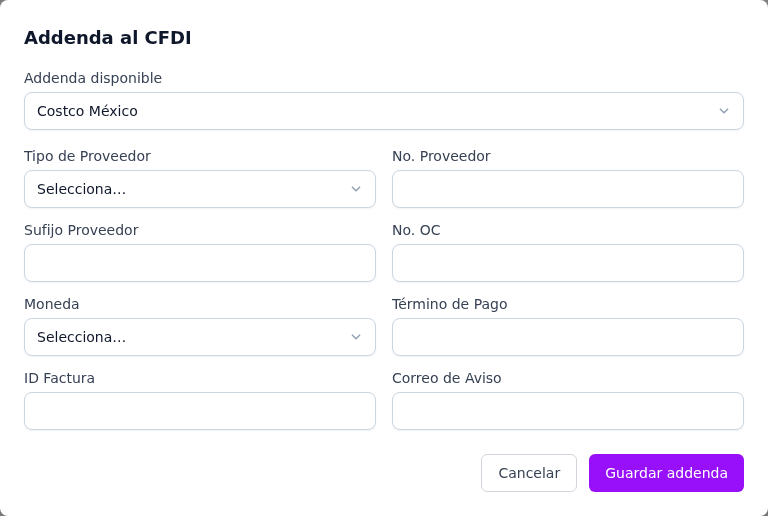 Formulario de la addenda Costco México