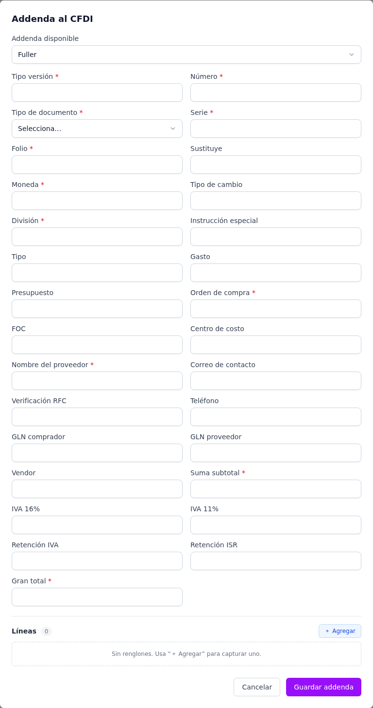 Formulario de la addenda Fuller