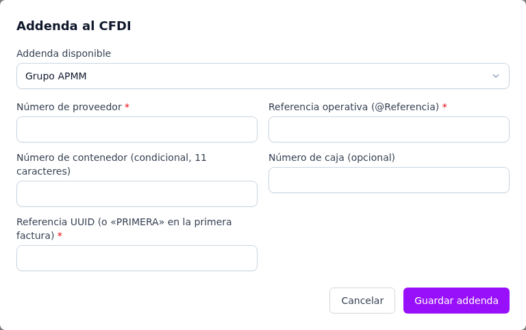 Formulario de la addenda Grupo APMM