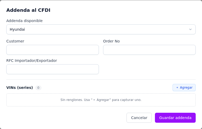 Formulario de la addenda Hyundai