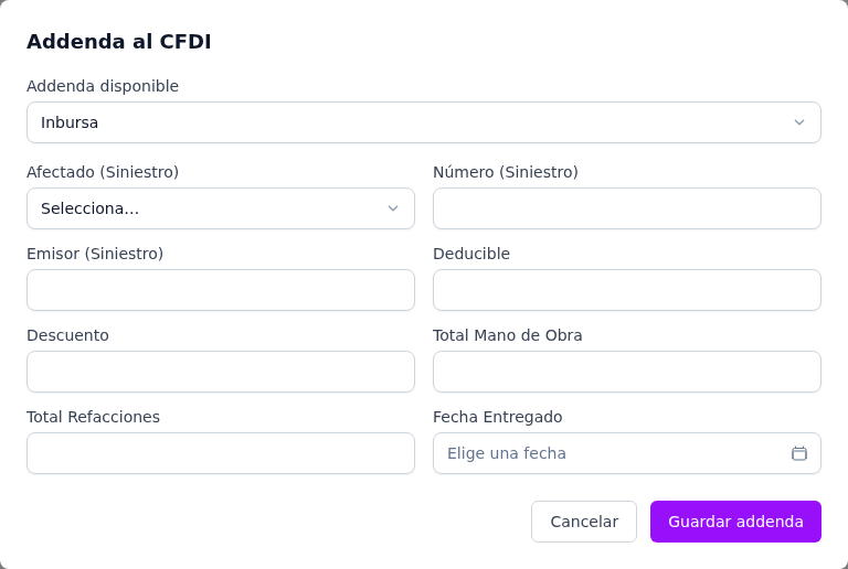 Formulario de la addenda Inbursa
