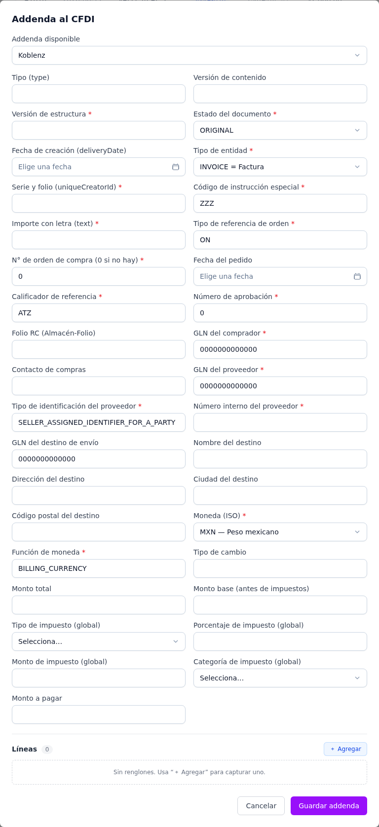 Formulario de la addenda Koblenz