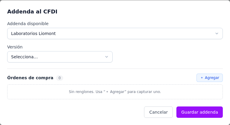 Formulario de la addenda Laboratorios Liomont