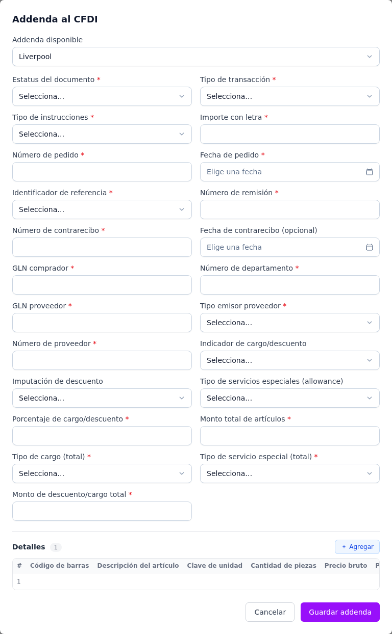 Formulario de la addenda Liverpool