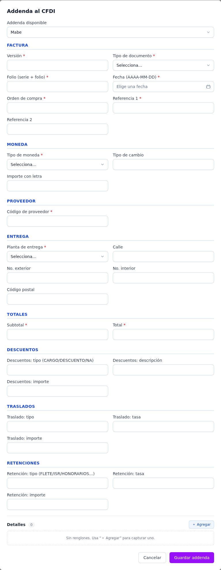 Formulario de la addenda Mabe