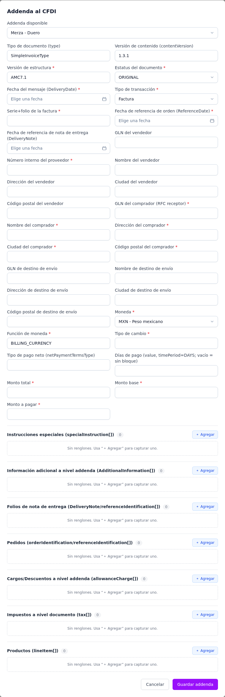 Formulario de la addenda Merza - Duero