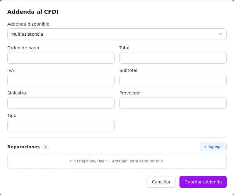Formulario de la addenda Multiasistencia