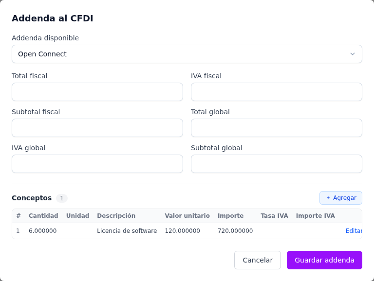 Formulario de la addenda Open Connect