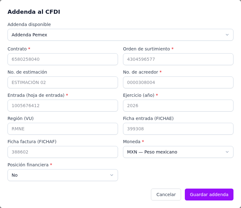 Formulario de la addenda Pemex