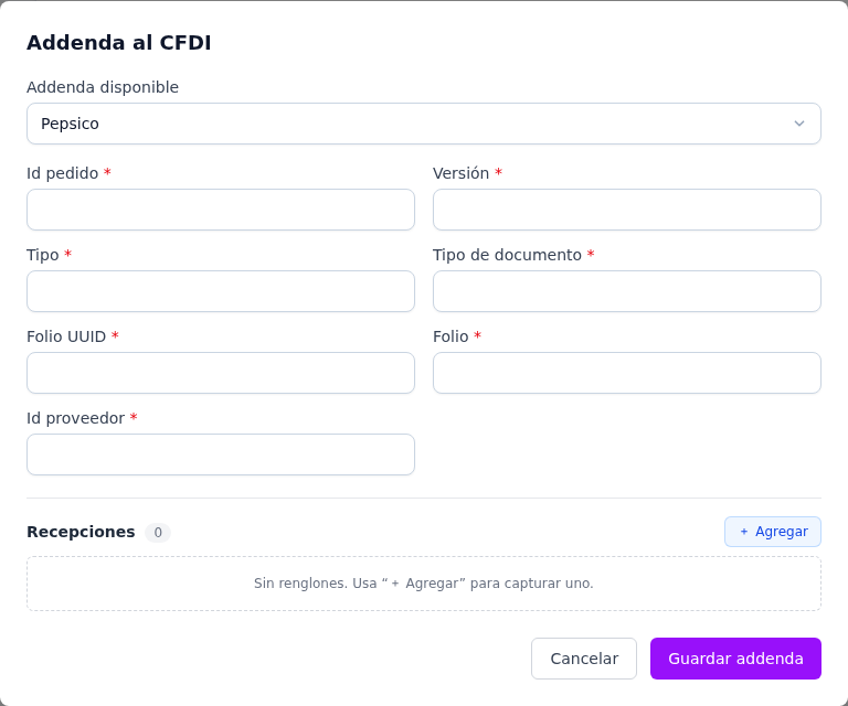 Formulario de la addenda Pepsico
