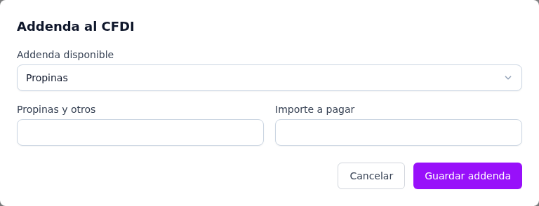Formulario de la addenda Propinas