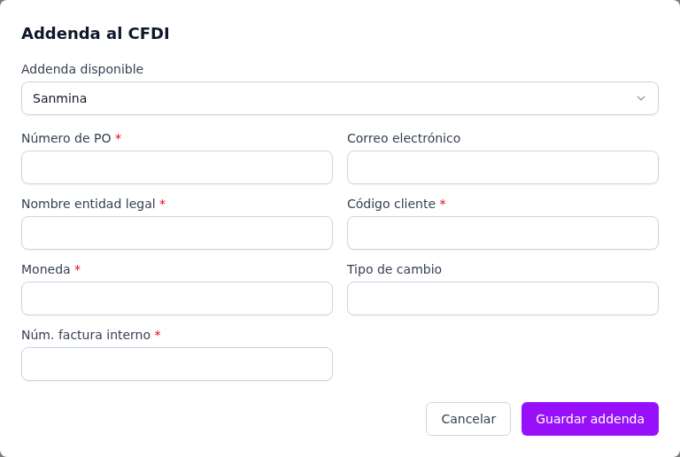 Formulario de la addenda Sanmina