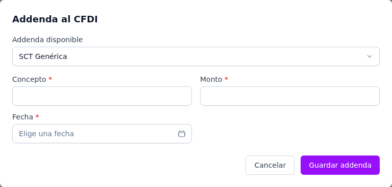 Formulario de la addenda SCT Genérica