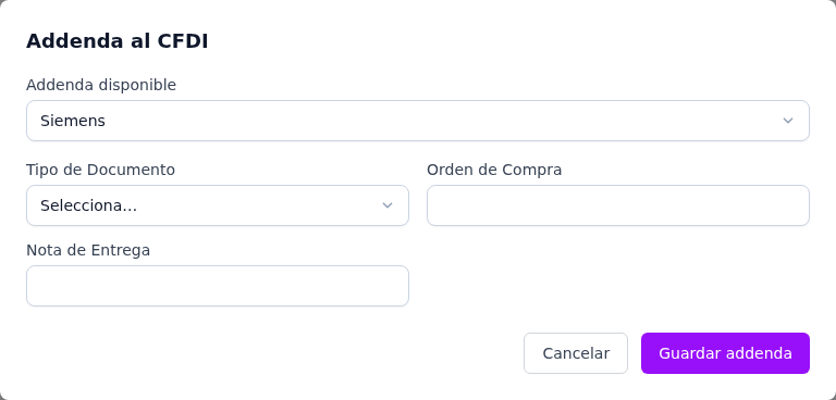 Formulario de la addenda Siemens