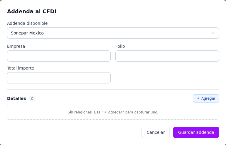 Formulario de la addenda Sonepar México