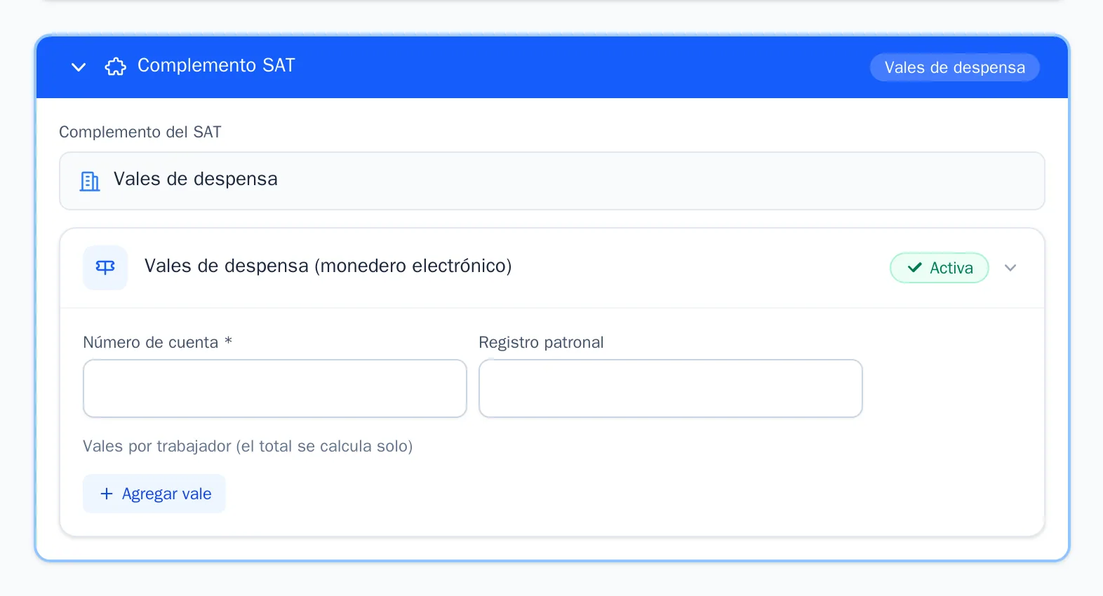 Bloque Vales de despensa en la factura