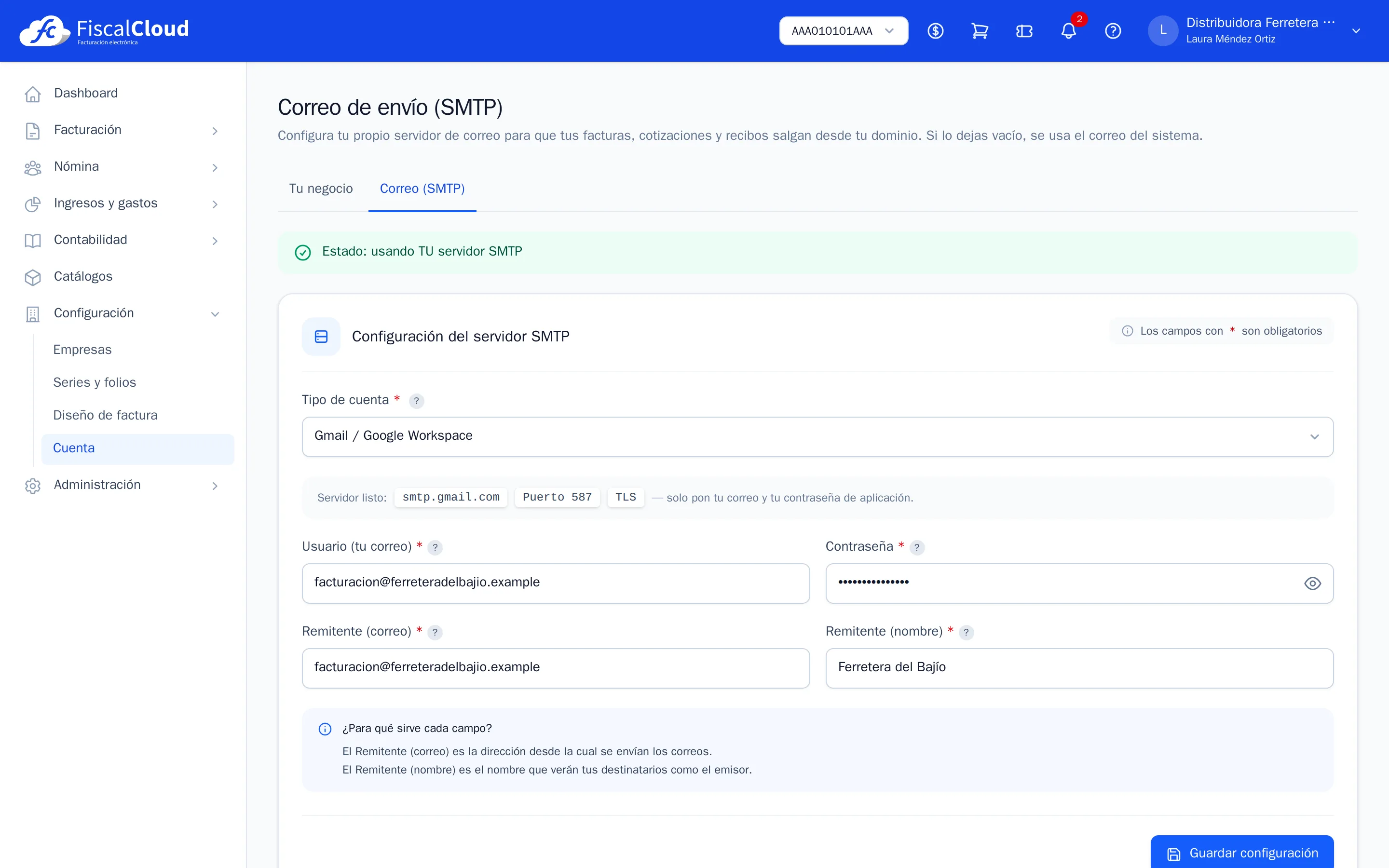 Configuración de correo (SMTP)