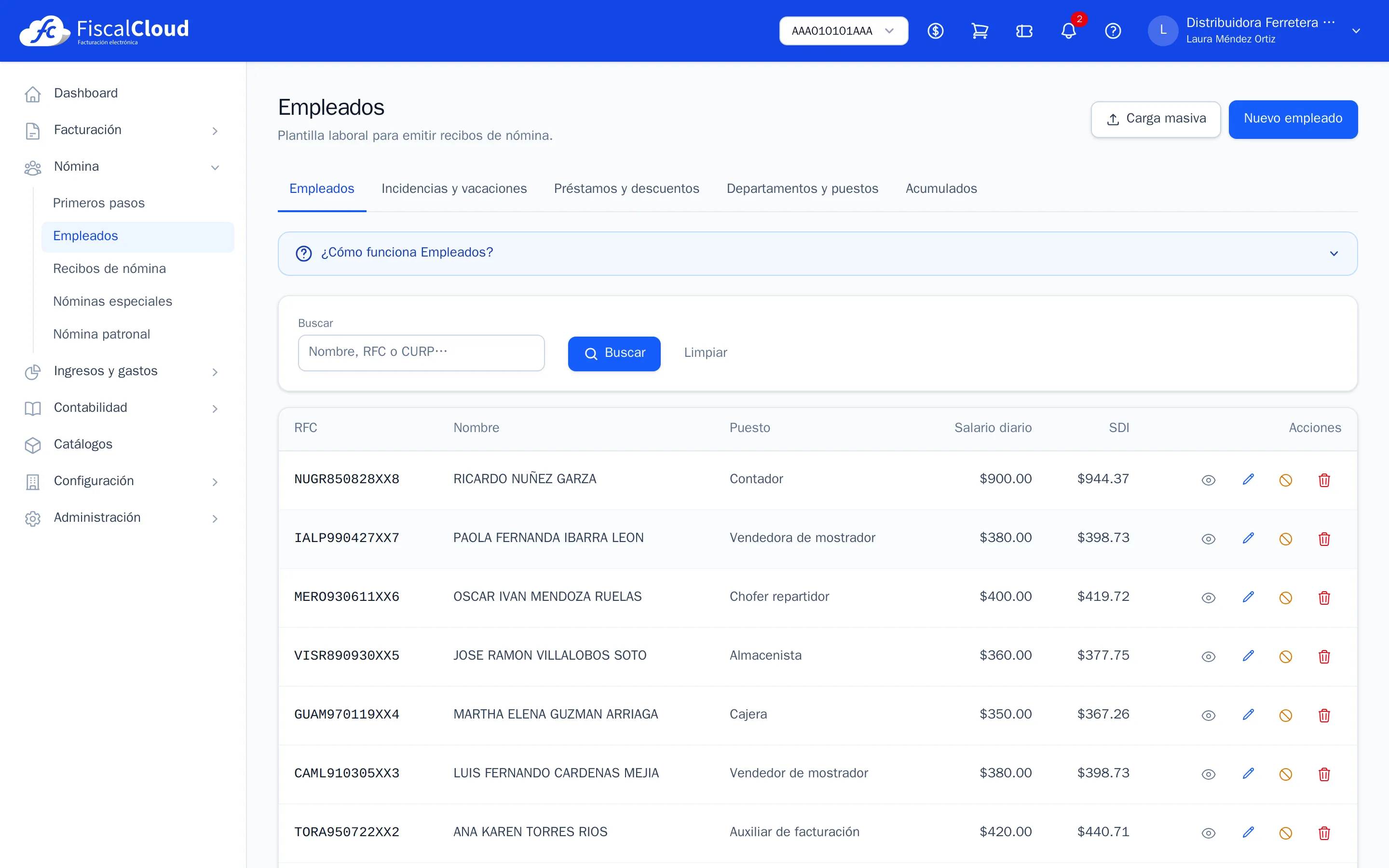 Lista de empleados con sus acciones