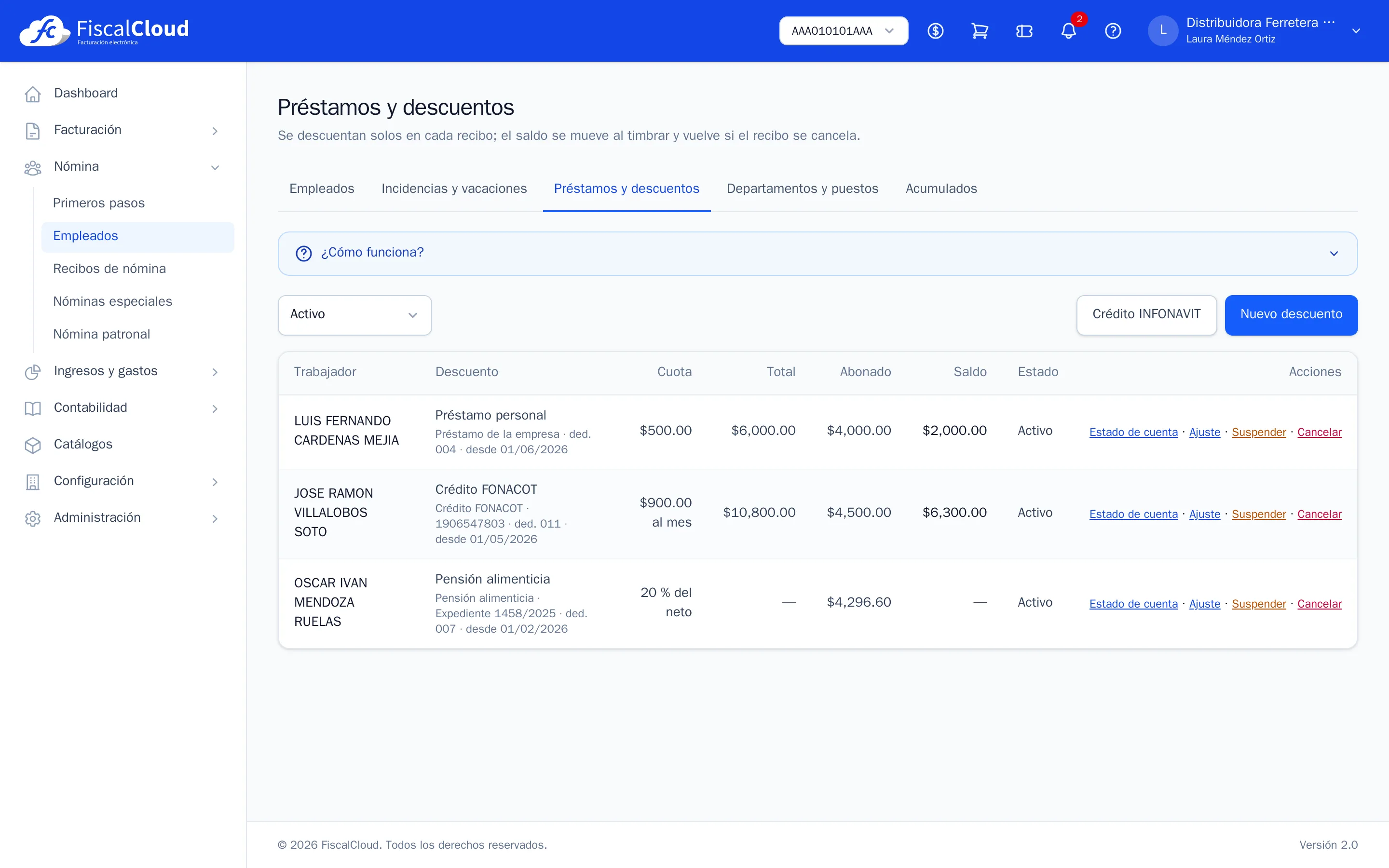 Préstamos y descuentos activos con su saldo