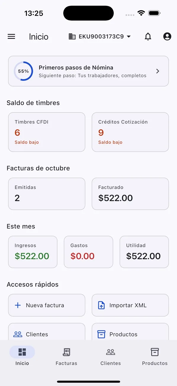 App FiscalCloud PRO: inicio con tu saldo de timbres