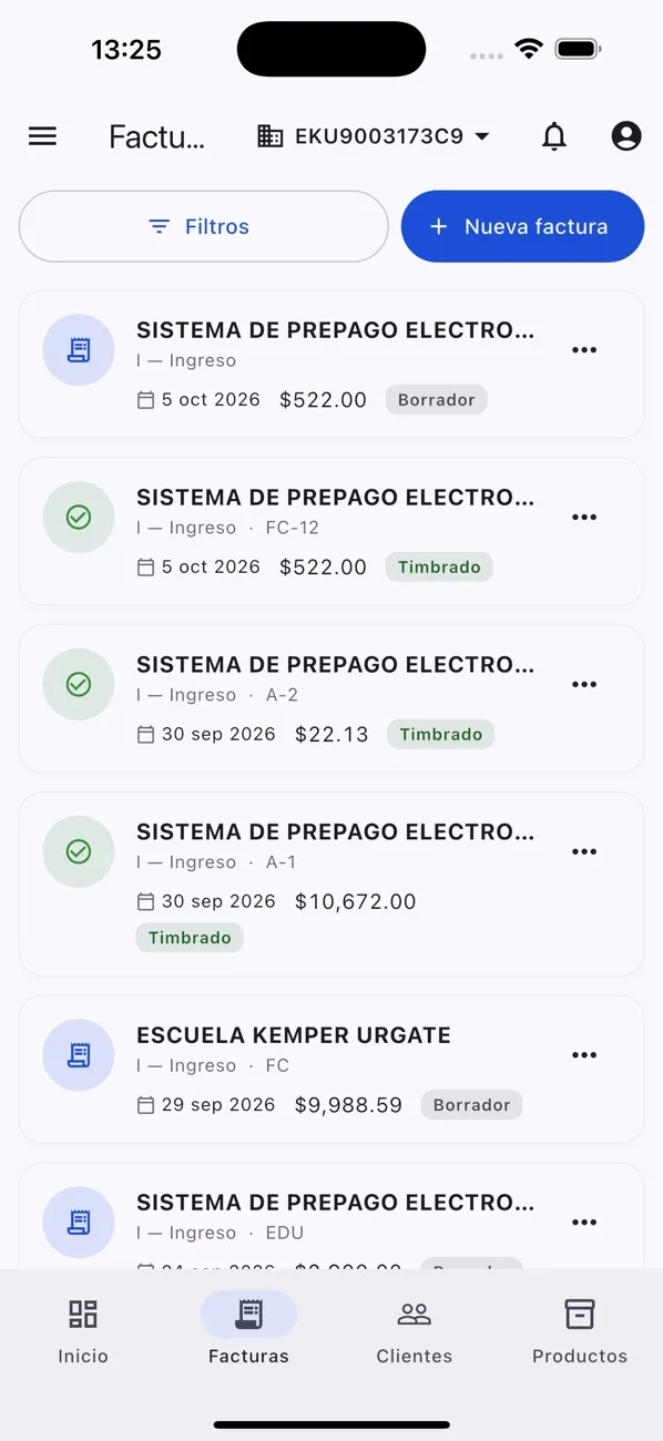 App FiscalCloud PRO: listado de facturas timbradas y borradores